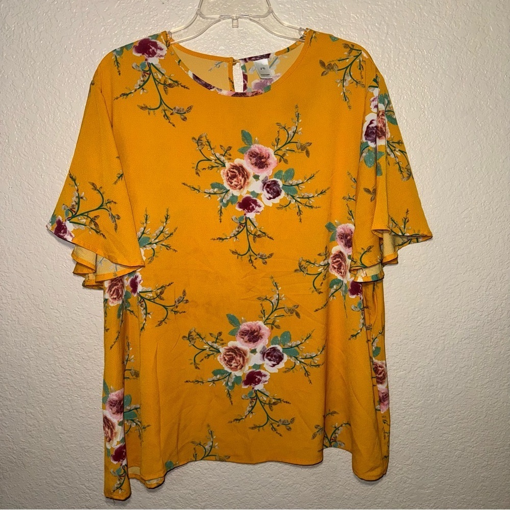 Womens 2XL Yellow Floral Blouse Boho Cottagecore Flutter Sleeve Lightweight Top